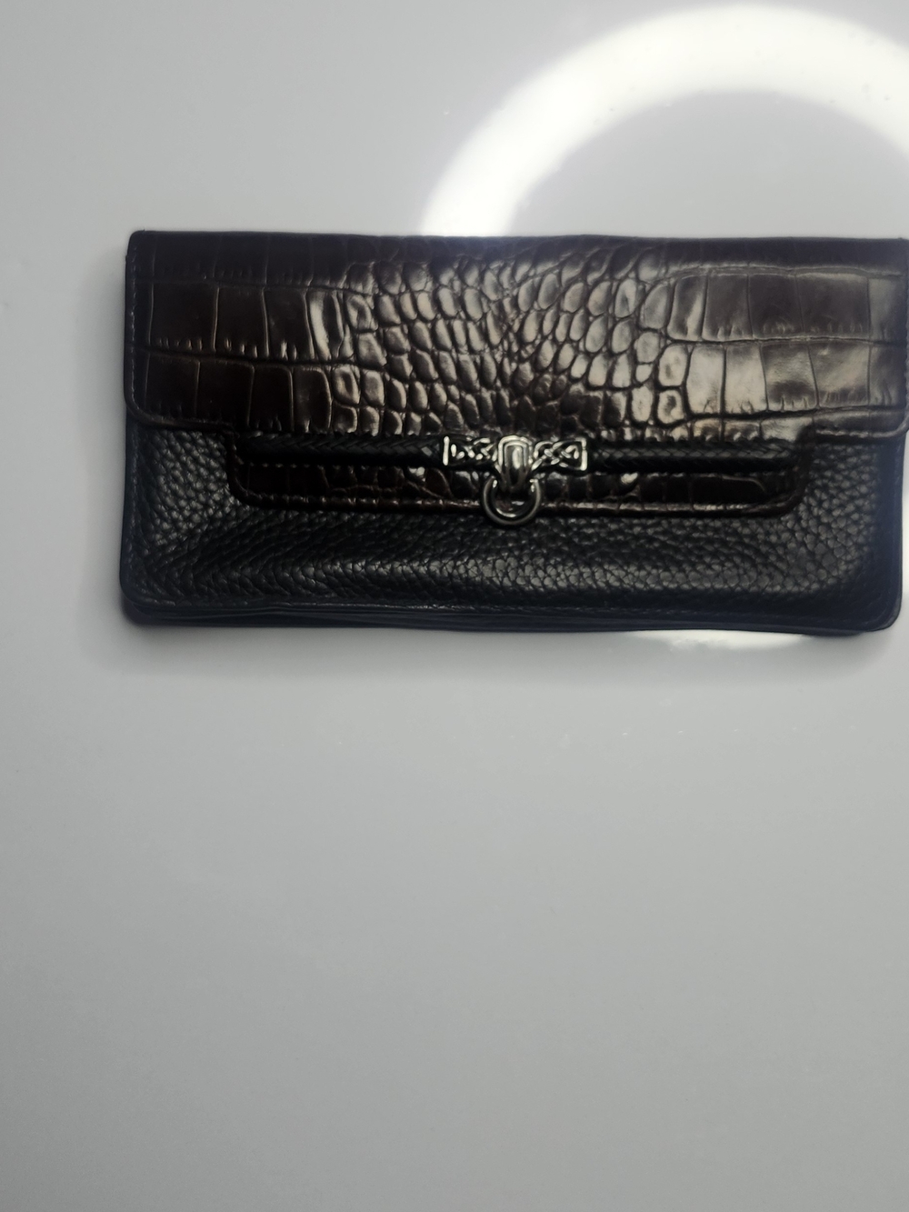Croc-Embossed Leather Wallet Clutch in Dark Brown/Black